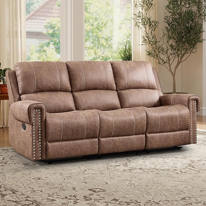 EBELLO Manual Reclining Sofa for Living Room Faux Leather 3 Seater Overstuffed Reclining Couch Chair Vintage Rivet Mid-Century Modern Design Furniture for Living Room Meeting Room Brown