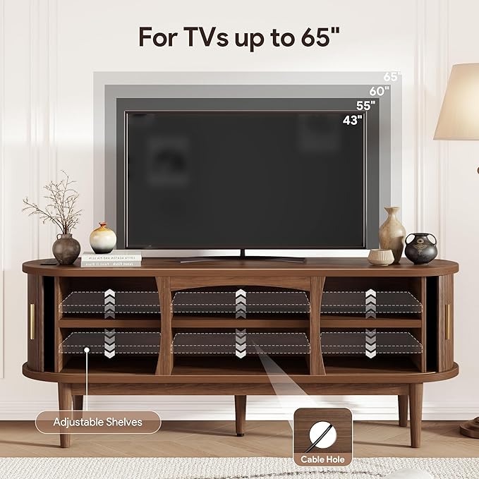 Mid Century TV Stand for TVs up to 65 Inches Entertainment Center with Storage Power Outlet Fluted Sliding Doors &amp Adjustable Shelves Modern Media TV Console Table for Living Room (Walnut)