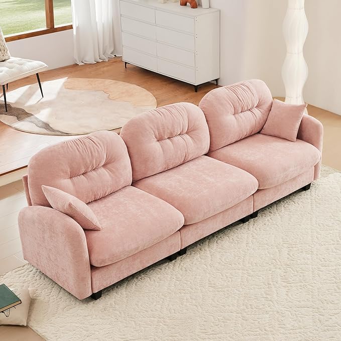 107 Modular 3-Seater Sectional Sofa Soft Chenille Fabric Tufted Backrest 3-Seat Deep Seat Sofa Modern Sectional Couch for Living Room Bedroom Apartment Easy Assembly Pink