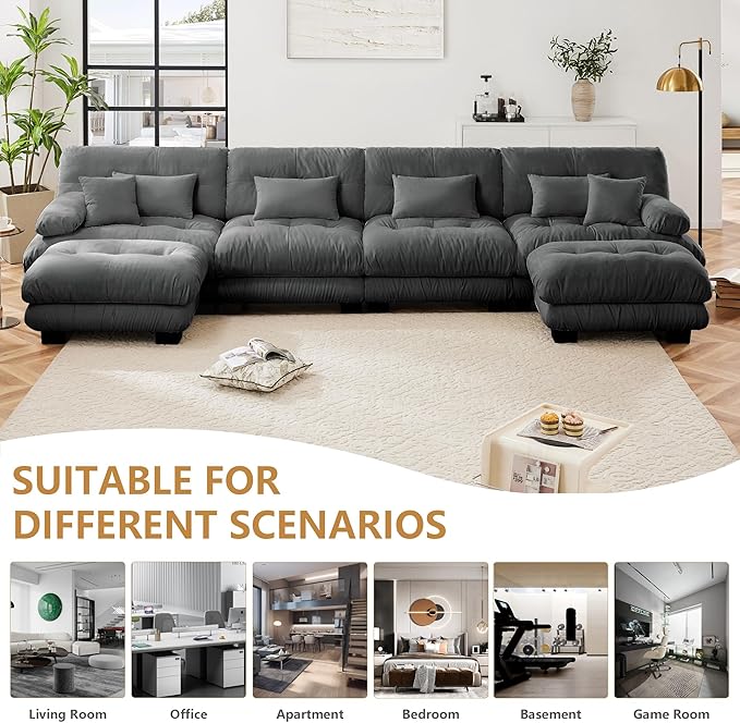 Aoowow Modern Modular Sectional Sofa173.2 Oversized 4 Seater U-Shaped CouchChenille Cloud Couches for Living RoomTufted 4 Seat Cloud Sofa Deep Seat (Chenille Grey 4 Seater with 2 Ottomans)