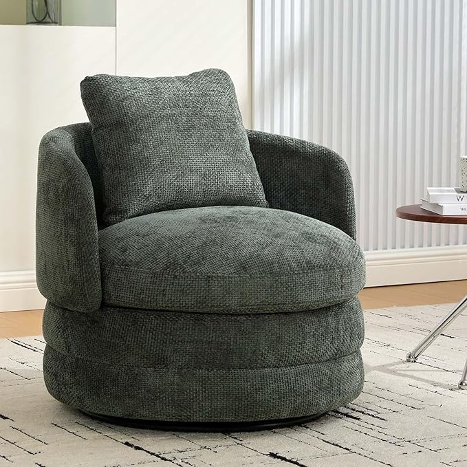 Beige Swivel Accent Chairs for Living Room Round Swivel Barrel Chair with Comfy Pillow &amp Curved Backrest Small Upholstered Armchair for Small Spaces Bedroom Office (Green)