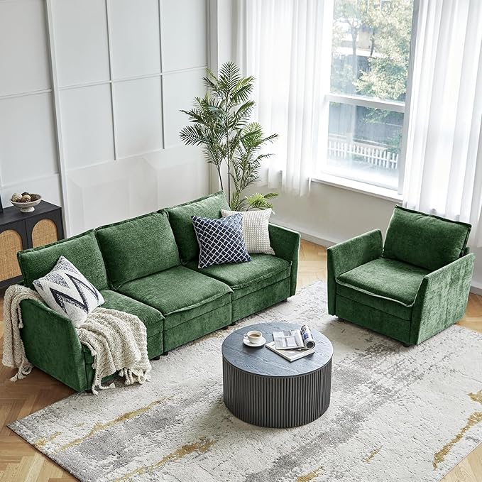 HULALA HOME Modern Chenille Sofa Set Single Seat Sofa 3 Seat Sofa 2 Piece Cloud Couches Set with Storage Comfy Deep Upholstered Armchair Couches for Living Room Apartment Green