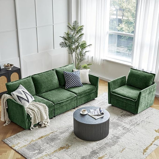 HULALA HOME Modern Chenille Sofa Set Single Seat Sofa 3 Seat Sofa 2 Piece Cloud Couches Set with Storage Comfy Deep Upholstered Armchair Couches for Living Room Apartment Green