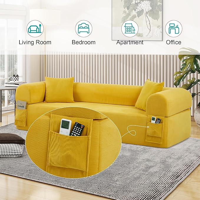 3-Seater Floor Sofa in A Box No Assembly Floor Boneless Couch Comfy Small Sofa Corduroy Couch with 2 Cushion Pillows &amp Armrest &amp Side Storage Pockets for Living Room Apartment Yellow