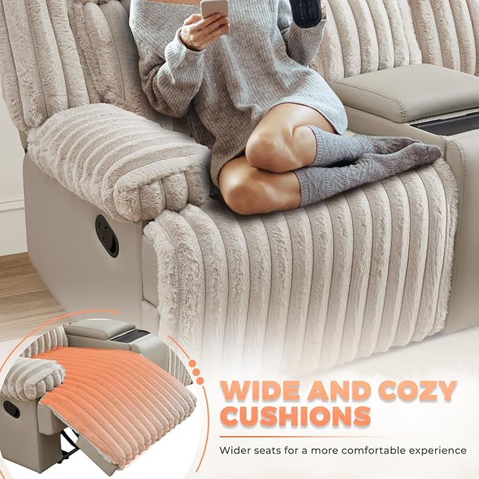 Large Reclining Loveseat with Pillow Top Arm Fluffy Fabric Recliner Sofa with Wireless Charging &amp Hidden Cup Holders Modern Reclining Couch for Living Room/RV/Apartment (Beige 2 Seater)