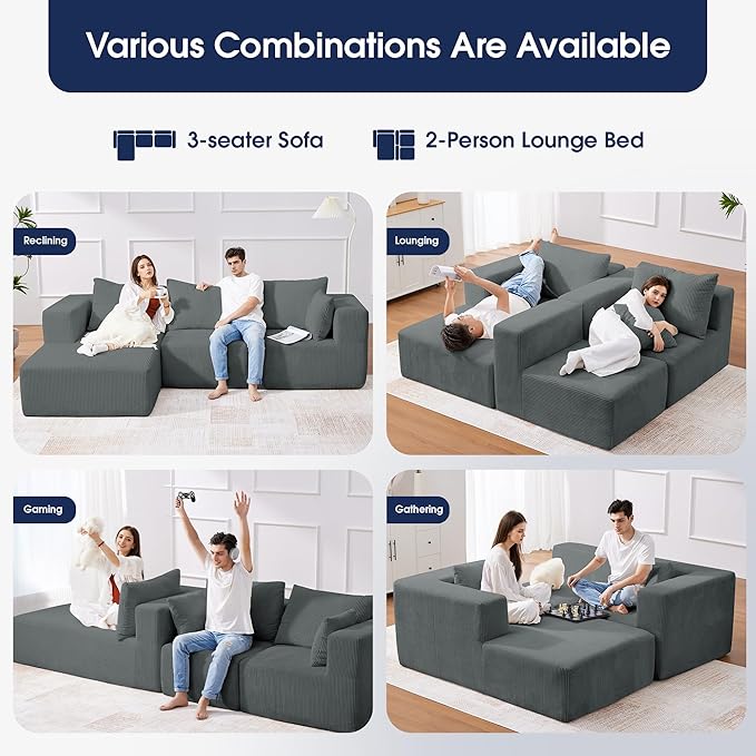 KINGYES 107'' Modular Sectional Sofa L Shaped Cloud Couch for Living Room Modern Boneless Sofa with Chaise for Bedroom Light Gray