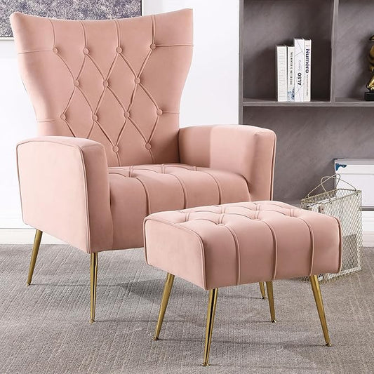 ODUWA Velvet Accent Chair with OttomanModern Accent Chairs with Armrests and BackrestButton Tufted ChairSingle Recliner Armchair with Ottoman for Living Room Bedroom Office