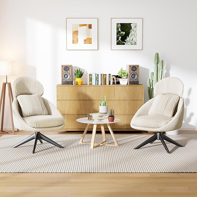 Furniliving Modern Accent Chair Upholstered Swivel Desk Chair for Living Room Sofa Chair for Bedroom Armchair Side Chair with Headrest Bedroom Chair with Pillow Comfy Corduroy Chairs Beige