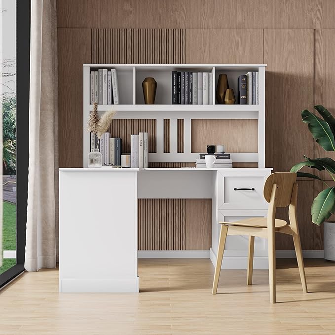 Bellemave L Shaped Desk with Hutch Wood Corner Computer Desk with Storage Drawers and Shelf Modern Home Office Desks L-Shaped Study Table Writing Desk Gaming Desk White