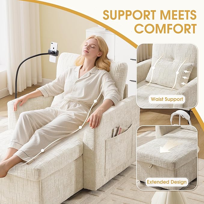 HOMEFUN Sleeper Chair Bed Lazy-Friendly Indoor Chaise Lounge with Storage Cell Phone Bracket Multifunctional Sofa for Bedroom Living Room Small Space Adults