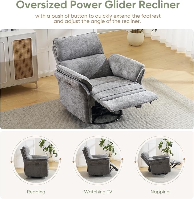 Oversized Power Recliner Chair Swivel Glider with Massage and Heat Rocker Nursery Recliner for Adults with Adjustable Headrest 26 Extra Wide Nursery Chair with Overstuffed Armrest Dark Grey