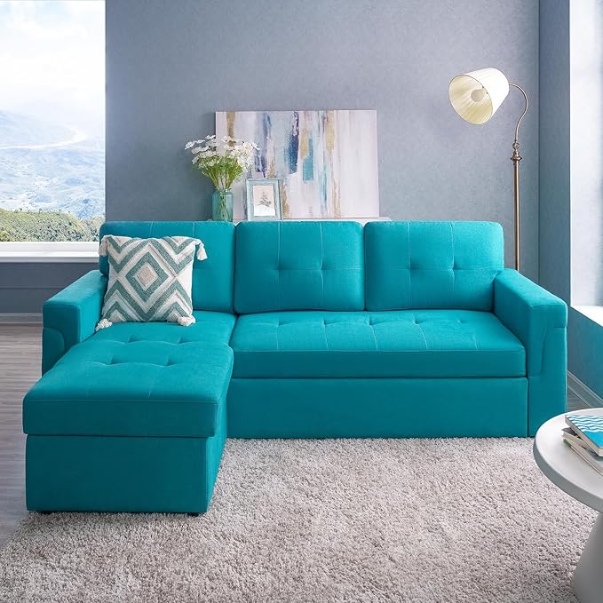 Naomi Home Teal Velvet Sectional Sleeper Sofa with Storage Reversible L-Shaped Pull-Out Couch 72x32x32 inches Jenny