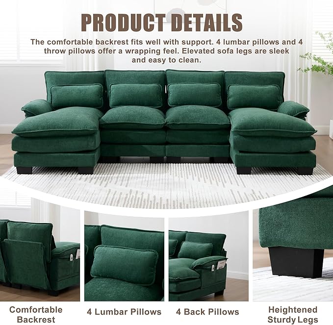 U Shape Sectional Sofa Cloud Couch 107.9 Modern Chenille Comfy Modular Sofa 4 Seat Upholstery Sleeper Sofa with Double Chaise for Living Room Emerald Green