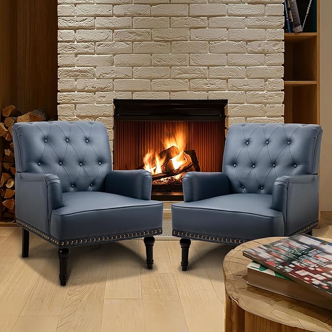 MOJAY Faux Leather Accent Chair Set of 2 Mid-Century Modern Living Room Chair Lounge Study Sofa Chair with Sturdy Wood Legs Club Chair Armchair for Bedroom Home Study Reception (DarkBlue)