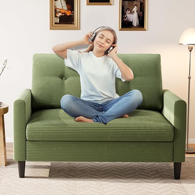 Vipbear 50 Small Loveseat Sofa Small Couch for Living Room Bedroom Office Comfy Love Seat with Deep Seat Spring Cushion Solid Wood Frame Tool-Free Assembly Green Corduroy