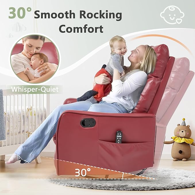 cinkehome Heated Massage Swivel Rocker Recliner Chair for Nursery - Small Space Reclining Chair with Lumbar Support 360° Swivel &amp Gentle Rocking Ergonomic High Back Faux Leather Red