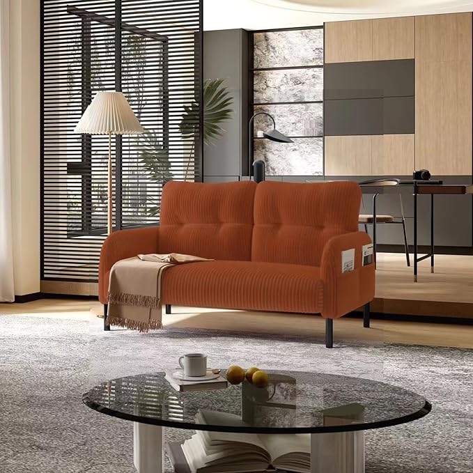 Orange Small Loveseat Couch for Small Spaces Corduroy Upholstered Love Seat Sofa with Side Storage Bags Comfy Mini Couch with Wooden Legs for Bedroom Living Room Apartment and Office (Orange)