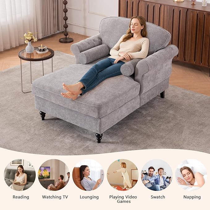 Setawix Chenille Upholstered Chaise Lounger Sleeper Sofa ChairOversized Chaise Lounge Chair Indoor with Rolled ArmsMid Century Modern Lounger Couch for Living Room Bedroom (Light Grey 43.3 W)