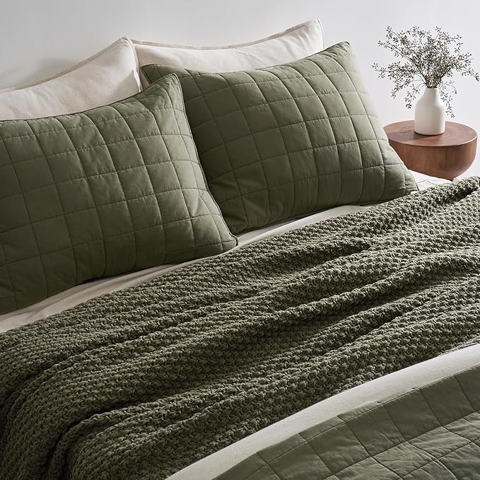 EVERGRACEHOME Chunky Chenille Knit Throw Blanket for Couch Soft Luxurious Oversized King Moss Stitch Blanket for Bed Large Cozy Farmhouse Knitted Throw for Sofa Olive Green 92 x 108