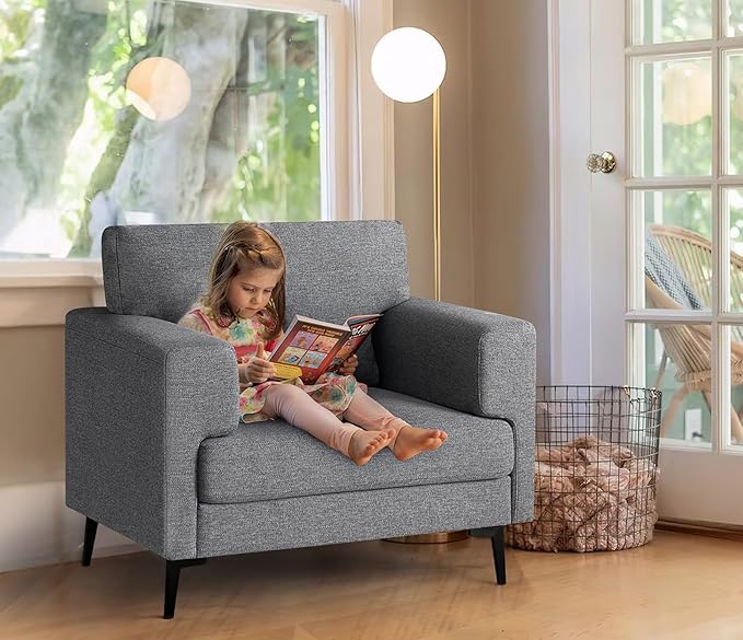 CDCASA Accent Chair Linen Fabric Oversized Mid Century Modern Chair Set of 1 Comfy Upholstered Armchair Reading Accent Chairs Sofa Chairs for Bedroom Living Room Dark Grey