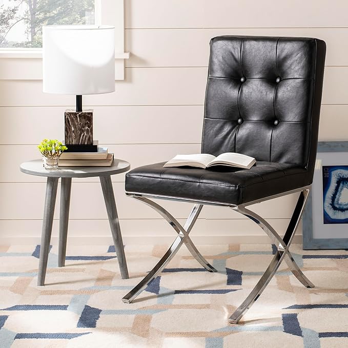 Safavieh Home Walsh Black Faux Leather and Chrome Tufted Side Chair