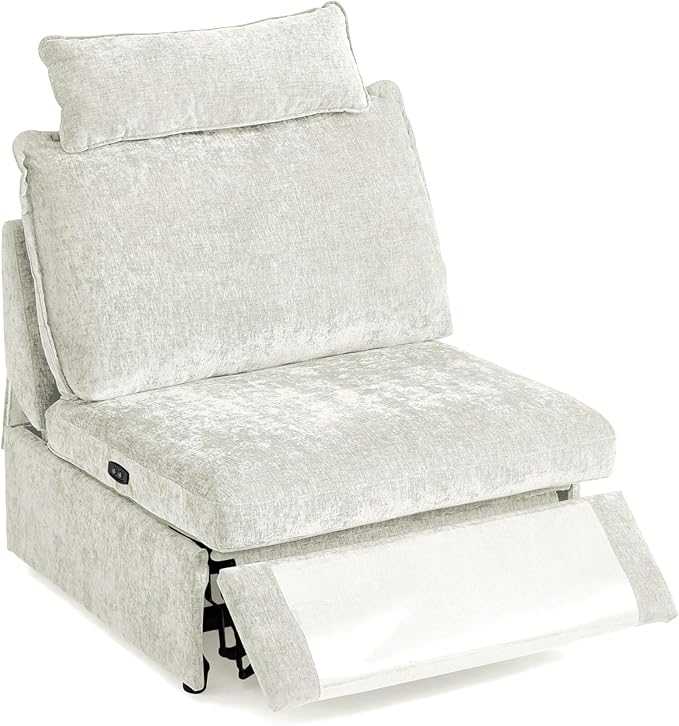 Power Recliner Seat for Olar Oversized Modular Sectional Sofa with Removable Headrest for Tall Man Zero-Clearance Electric Home Theater Seating Reclining Sofa Chenille White