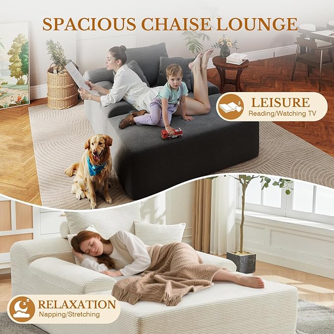70 Chaise Lounge Chair Indoor Corduroy Upholstered Boneless Sofa Bed Couch with Armrests and 3 Pillows Cloud Sleeper Sofa Chair Couches for Living Room Bedroom No Assembly Required (Beige-70)