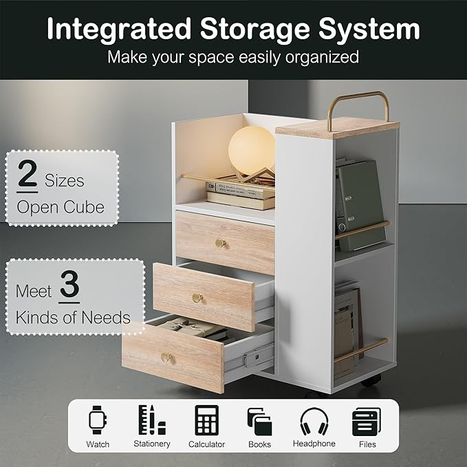 3 Drawer Mobile File Cabinet Wood Rolling Filing Cabinet with Lockable Wheels Utility Cart with Open Storage Shelves Home Office Fits A4/Legal 19.7 x 11.8 x 26.3 Light Walnut