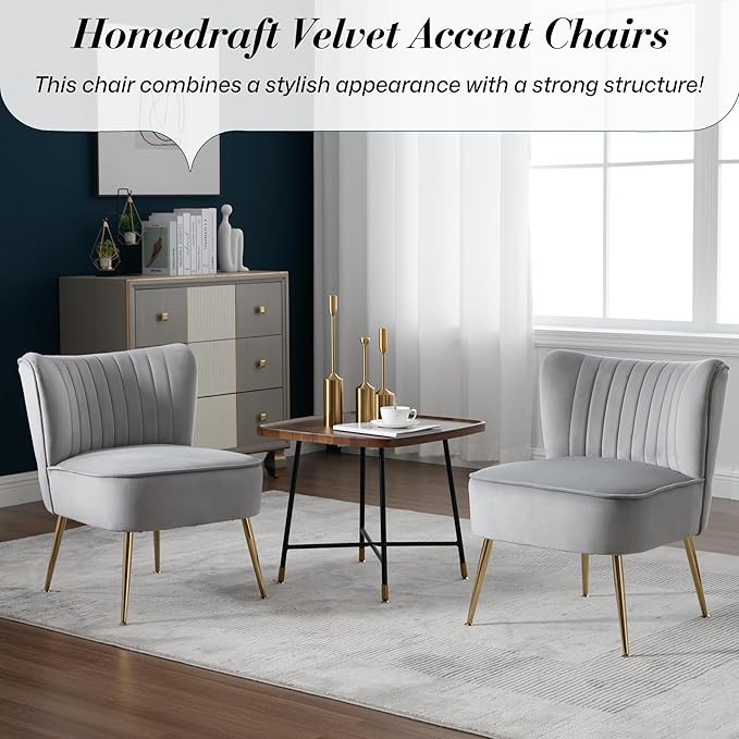 Velvet Accent Chair Set of 2 Comfy Upholstered Side Chair with Gold Metal Legs and Padded Seat Modern Small Corner Armless Living Room Chairs with Wing Back Light Gray