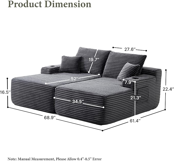 69 Upgraded Oversized Boneless Chaise Lounge Chair Indoor with cup holders and side storage pockets Soft Plush Corduroy Modular Love seat Sofa Deep Seat Sleeper Chairs for Living Room Grey.