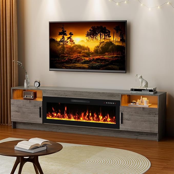 80'' TV Stand with 42''Fireplace-Grey Entertainment Center for 90 inch TV- TV Cabinet with LED Light Storage High Glossy Door Rustic TV Console for Living Room
