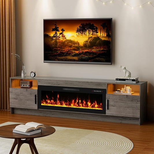 80'' TV Stand with 42''Fireplace-Grey Entertainment Center for 90 inch TV- TV Cabinet with LED Light Storage High Glossy Door Rustic TV Console for Living Room
