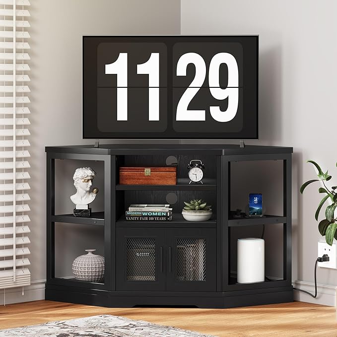 DWVO Corner TV Stand for 50 Inch TV Farmhouse TV Stands for Living Room Black Entertainment Center with Storage &amp Power Outlets Wood TV Console Cabinet Black