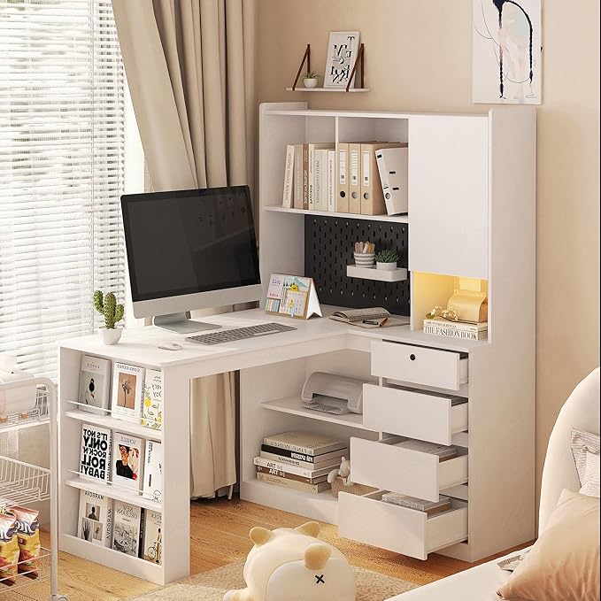 White L-Shaped Home Office Desk with Hutch &amp Drawers Modern Corner Desk with LED Light &amp Bookshelf Wood Study Writing Table Gaming Computer Desk for Bedroom Home