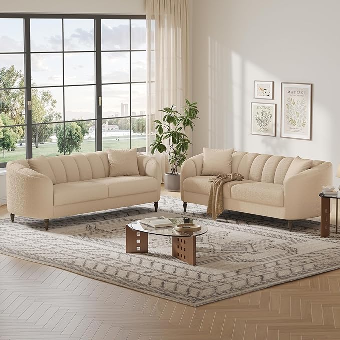 82 Inch Loveseat Sofa Modern Couch and Sofa Curved Petal Design Furniture Sturdy and Easy Installation Small Sofa for Living Room Bedroom Office and Apartment Terry Fleece Fabric Apricot