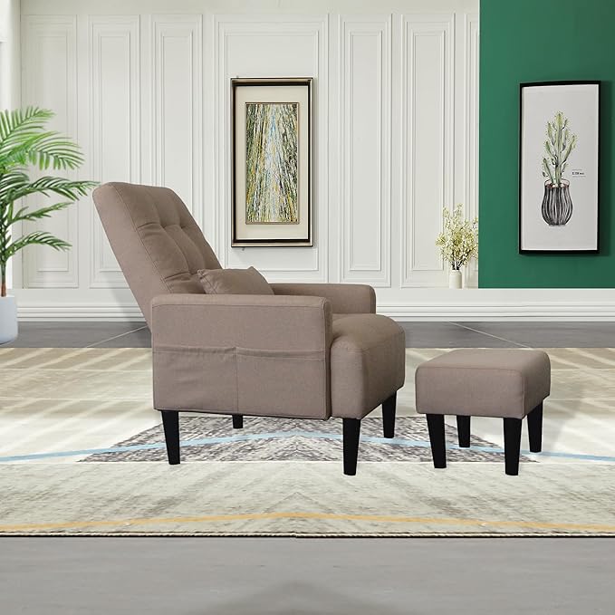 Redde Boo Brown Living Room Sofa Single Chair and Ottoman Modern Multi-Function Fabric Living Room Sofa Lounge Chair Bed and Stool. Soft Leisure Single Chair Adjustable into 5 Angles with Sofa Bed