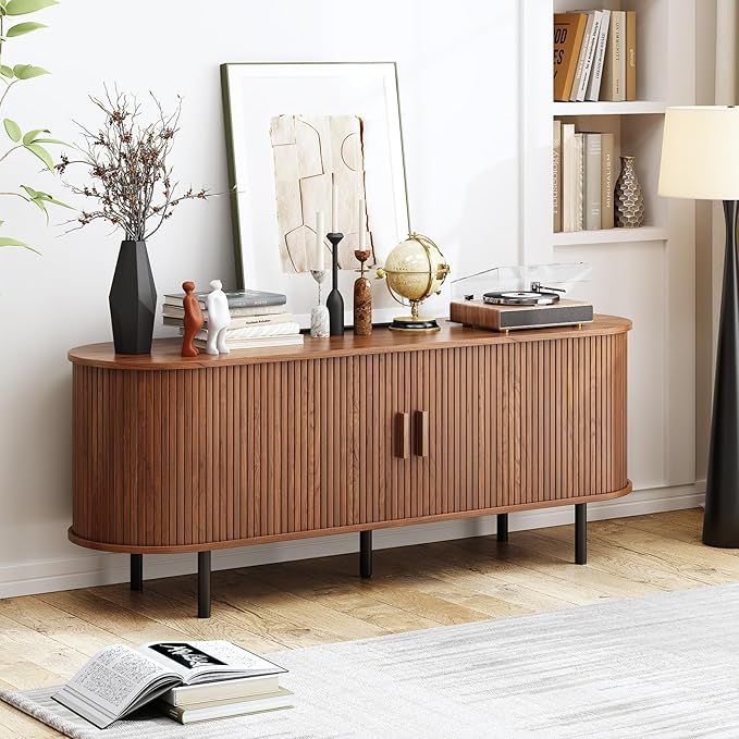 55 TV Stand with Power Outlet Mid-Century Modern Television Stand Fluted Media Console with Sliding Doors Entertainment Center for TVs up to 60 Inch Adjustable Shelves Walnut
