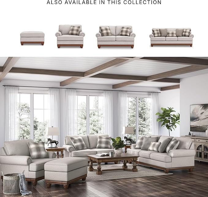 Signature Design by Ashley Meadowview Classic Upholstered Sofa with Reversible Seat Cushions 5 Accent Pillows and Rolled Armrest Light Gray