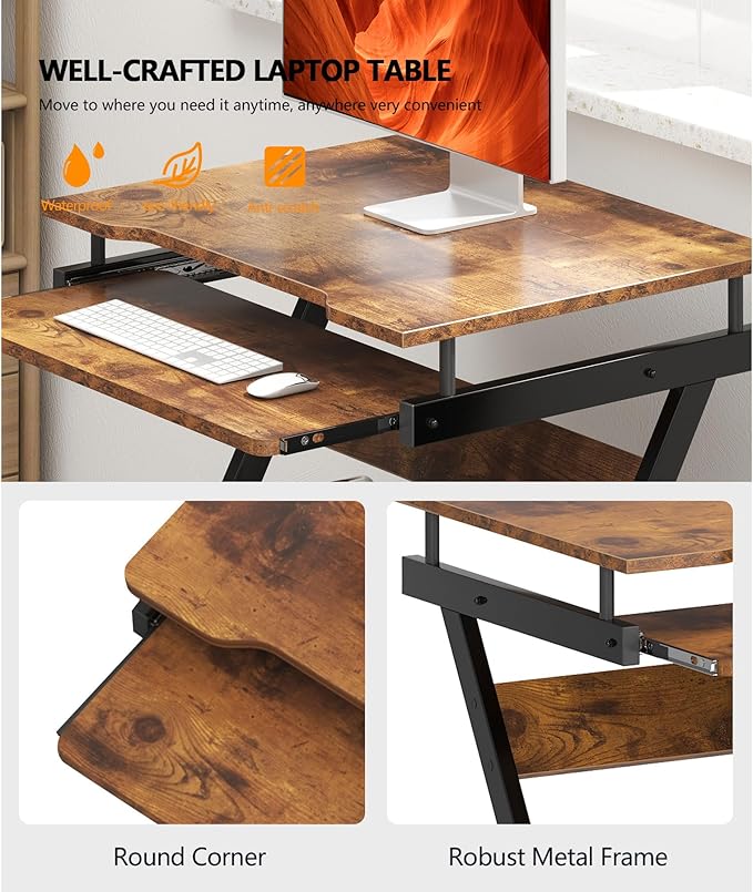 sogesfurniture Retro Computer Desk Small Mobile Workstation with Keyboard Tray Printer Shelf &amp Storage 23.6x18.9x28.7 inches Engineered Wood for Home and Office