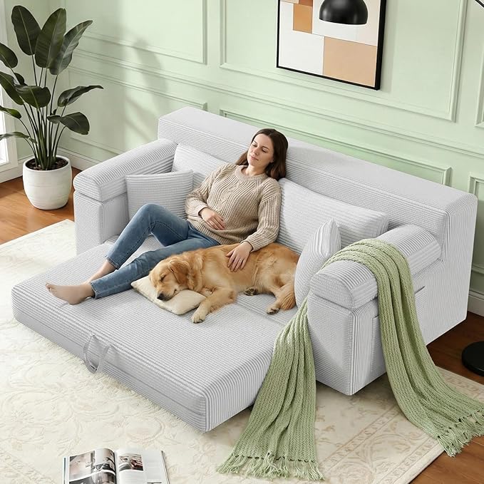 Folding Convertible Sofa Bed 78 Inch Corduroy Boneless Cloud Couch Futon Compressed Pull Out Loveseat Sleeper Bed Foldable Floor Mattress Sofa for Living Room Bedroom Grey White