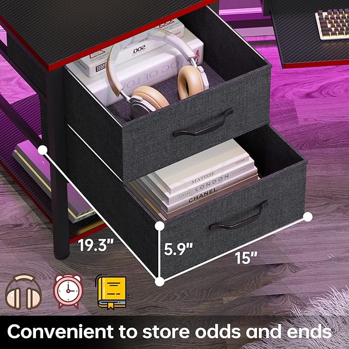 SEDETA 79 Gaming Desk Computer Desk with 2 Fabric Drawers &amp LED Light L Shaped Gaming Desk with Storage Shelf for Home Office Carbon Fiber Black&ampRed