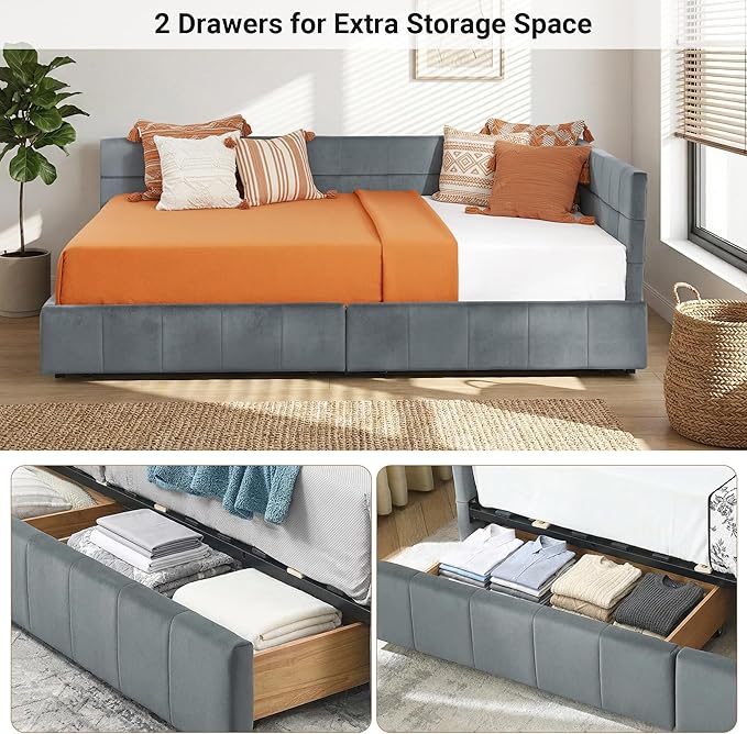 Queen Corner Bed Frame with Storage Drawers Modern Velvet Upholstered Sofa Day Bed Frame with Wood Slats for Living Room Bedroom Guest Room No Box Spring Needed Grey