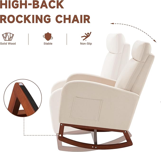 Rocking Chair with Foot Rest Ergonomic Nursery Chair with High Back Baby Glider Rocker Nursing Chair Accent Living Room (Linen Beige)