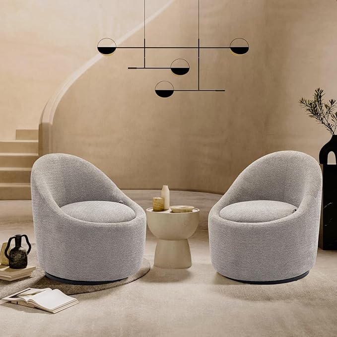 COLAMY Swivel Accent Chair Set of 2 360° Swivel Round Chair with Hidden Storage Modern Small Barrel Armchair for Living Room/Bedroom LightGrey Textile Material