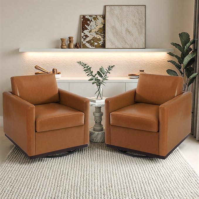 Pia Ricco Single Swivel Barrel Chair Modern Accent Armchair in Easy-Clean PU Leather Mid-Century Style for Living Room or Home Office Brown