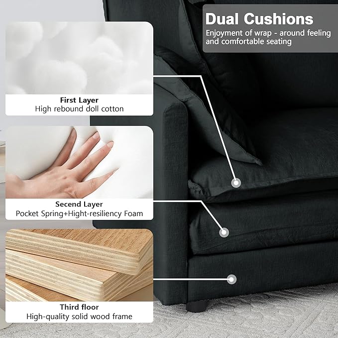Modular Sectional Sofa 111.5 Inch L-Shaped Cloud Sofa with Deep Seat Chenille Sofa with Cushions Three-Self Sectional Sofa for Living Room ApartmentBlack