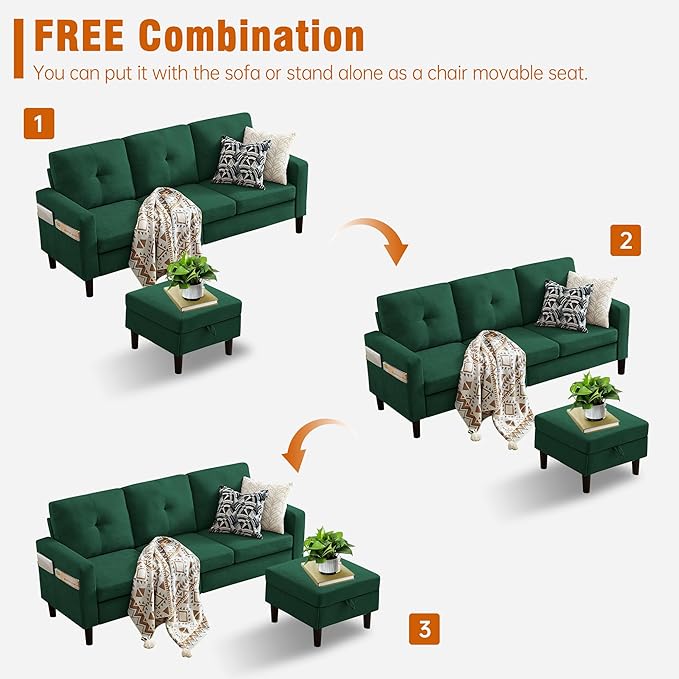 Sectional Sofa Couches for Living Room L Shaped Couch 3-Seat Convertible Sectional Sofas with Removable Storage Ottoman Modern Polyester Fabric (Green)