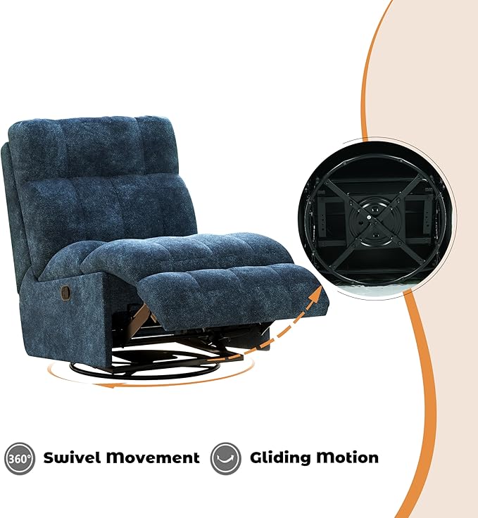 Modern 360° Swivel Rocker Recliner Chair for Adults Chenille Upholstered Manual Recliner Chair with Adjustable Backrest Soft Nursery Rocking Chair for Living Room Small Spaces (Blue/60)