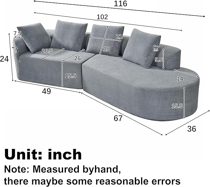 Merax 116 Curved Polyester Sectional Sofa Modern Pearl Upholstery 3 Seat Cloud Couch with Chaise Lounge &amp 4 Pillows for Living Room Light Gray