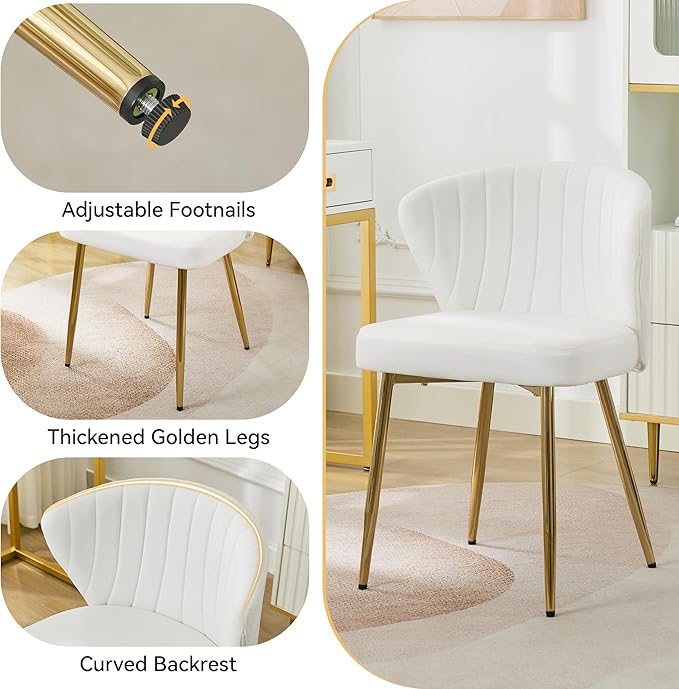 Velvet Vanity Chair Set of 2 Modern Makeup Chair with Back Golden Legs Small Cute Accent Chair for Vanity Living Room Bedroom White